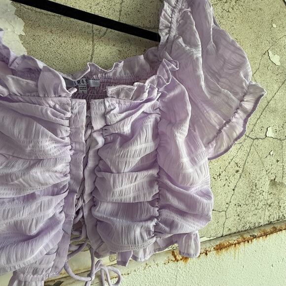 Lavender Ruched Peasant Crop Top Puff Sleeve Romantic Summer Blouse - Picture 4 of 7